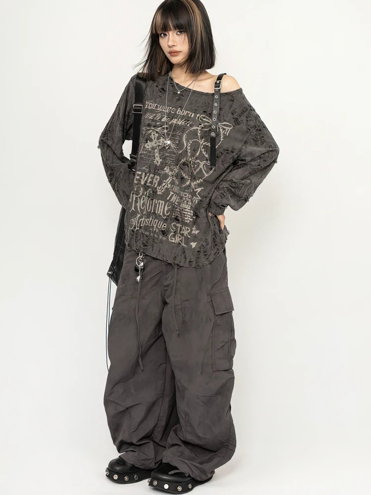 Y2k Long sleeve T shirt Women Off shoulder Oversize Tops Female Spring Autumn Vintage Holes Basic Tees Streetwear Chic