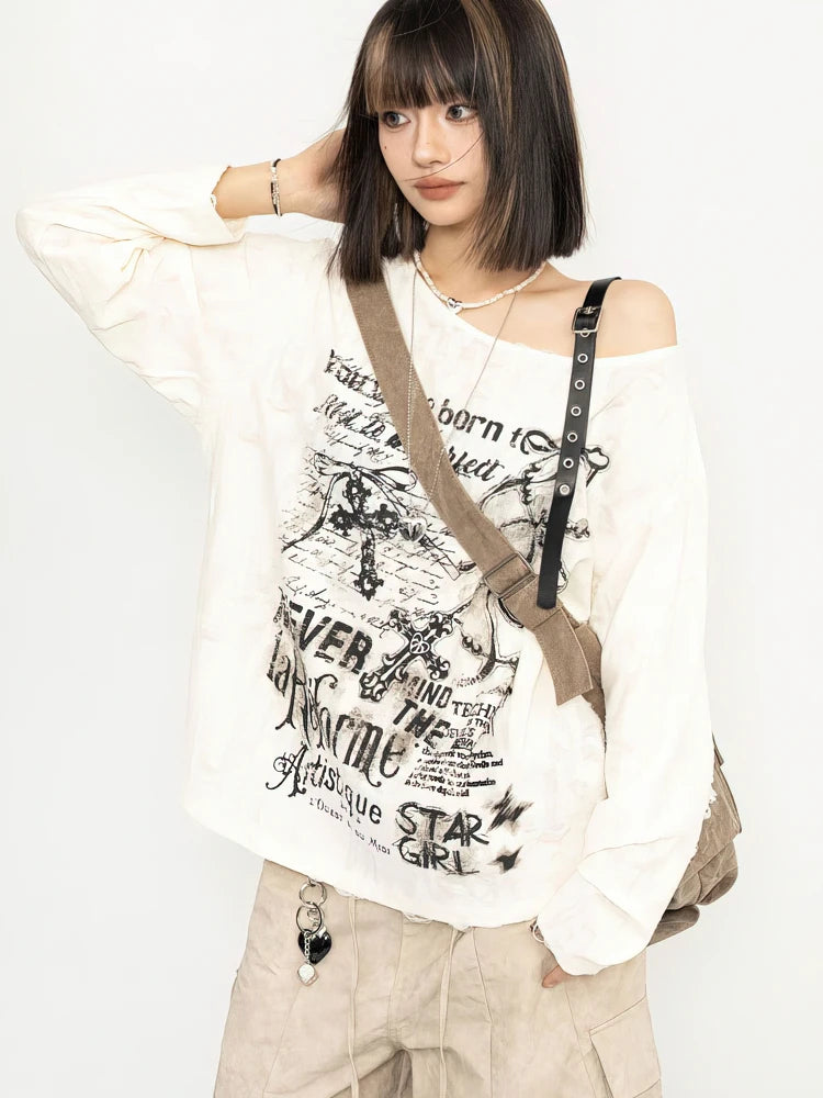 Y2k Long sleeve T shirt Women Off shoulder Oversize Tops Female Spring Autumn Vintage Holes Basic Tees Streetwear Chic