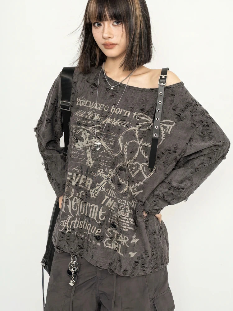 Y2k Long sleeve T shirt Women Off shoulder Oversize Tops Female Spring Autumn Vintage Holes Basic Tees Streetwear Chic