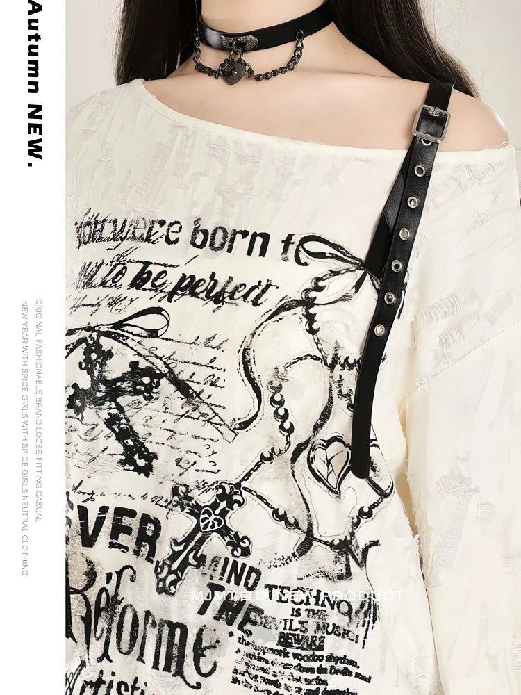 Y2k Long sleeve T shirt Women Off shoulder Oversize Tops Female Spring Autumn Vintage Holes Basic Tees Streetwear Chic