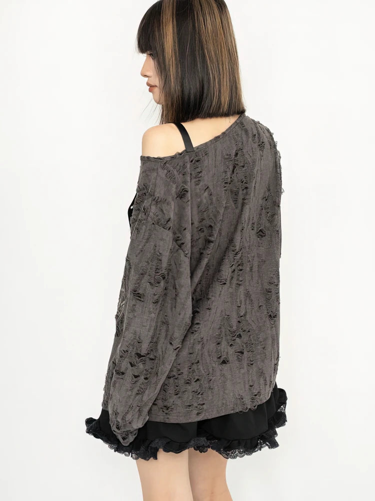 Y2k Long sleeve T shirt Women Off shoulder Oversize Tops Female Spring Autumn Vintage Holes Basic Tees Streetwear Chic